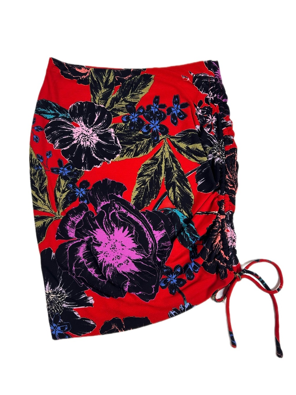 Guess Women's Red Floral Skirt with Side Ruched Tie